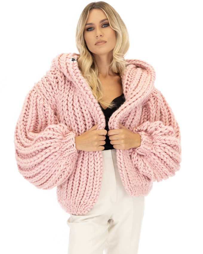 Oversized Hooded Chunky Knit Cardigan - Pink from Urbankissed