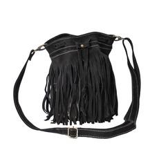 "Delia" Suede Leather Fringe Bucket Bag in Black via Abury