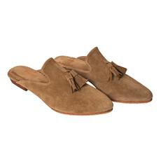 Suede Leather Pompom Mules in Brown via Abury