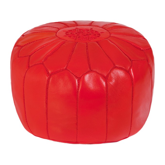 Embroidered Leather Pouf in Red from Abury