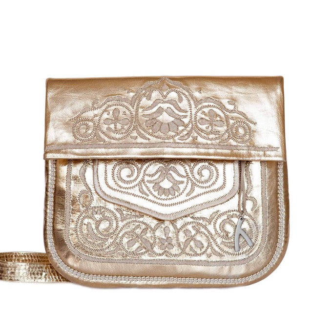 Embroidered Leather Berber Bag in Gold, Beige from Abury