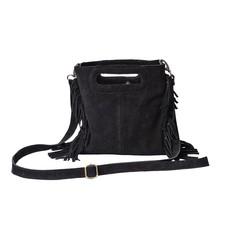 "Sanna" Suede Leather Mini Fringe Bag in Black via Abury
