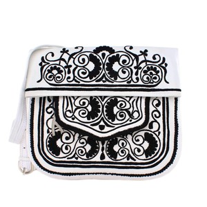 Embroidered Leather Berber Bag in White, Black from Abury