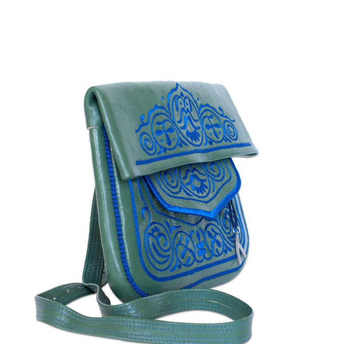 Embroidered Leather Berber Bag in Green, Blue from Abury