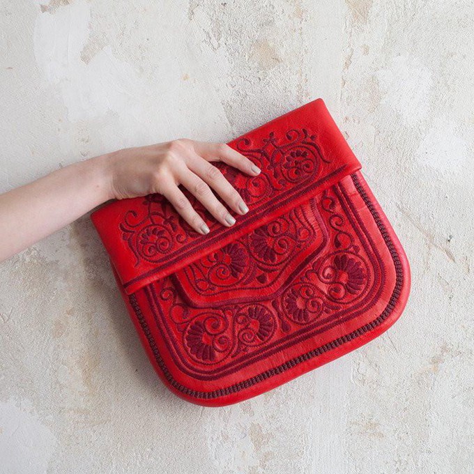 Embroidered Leather Berber Bag in Red from Abury