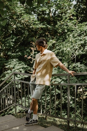 Magnus oversized short sleeve linen shirt in Mustard from AmourLinen