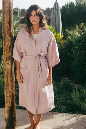 Midnight linen bathrobe in Dusty Rose from AmourLinen