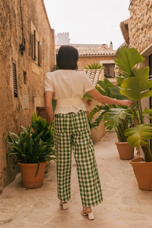 Barbora straight linen pants in Green Gingham from AmourLinen