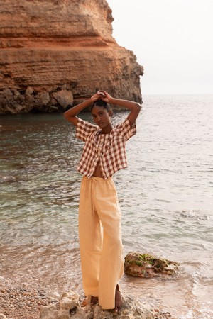 Maeve button linen top in Mocha Gingham from AmourLinen