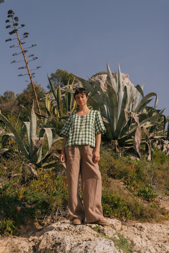 Maeve button linen top in Green Gingham from AmourLinen