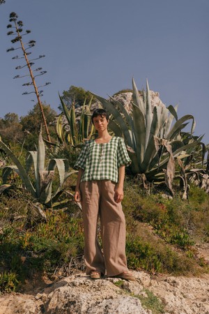 Maeve button linen top in Green Gingham from AmourLinen