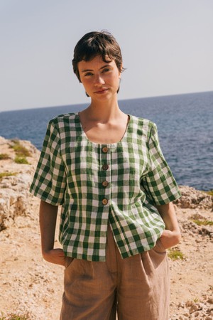 Maeve button linen top in Green Gingham from AmourLinen