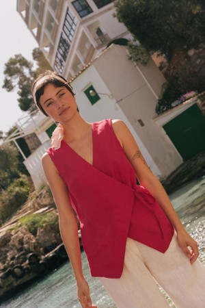 Blanca sleeveless linen wrap top in Viva Magenta from AmourLinen
