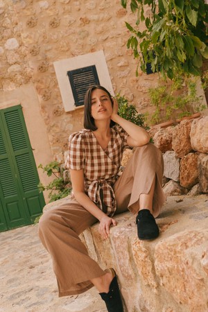 Leah wide linen pants with slits in Rosy Brown from AmourLinen