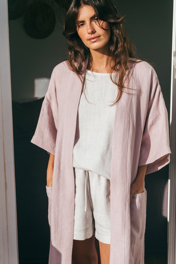 Midnight linen bathrobe in Dusty Rose from AmourLinen