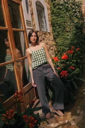 Hilo sleeveless linen top in Green Gingham from AmourLinen
