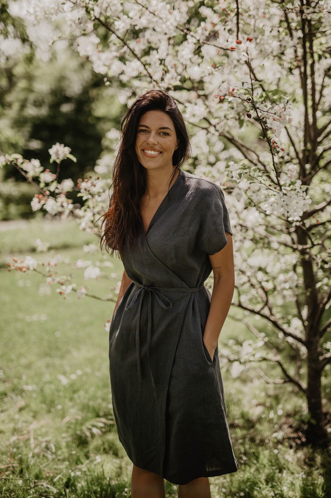 Olivia linen wrap dress in Charcoal from AmourLinen