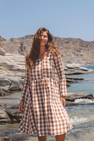 Lapland mid length linen dress in Mocha Gingham from AmourLinen