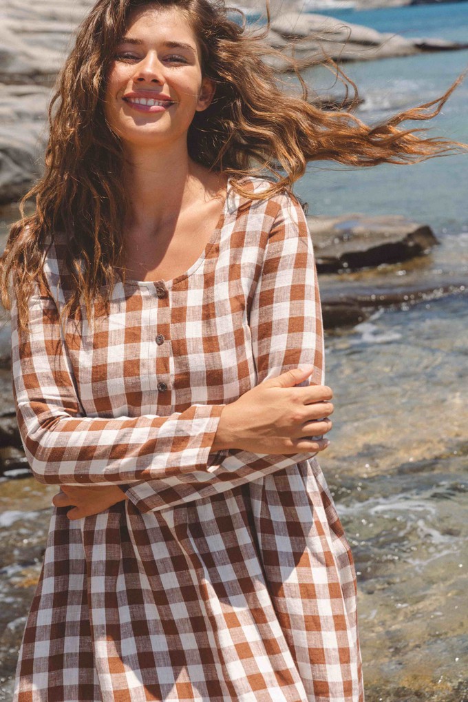 Lapland mid length linen dress in Mocha Gingham from AmourLinen