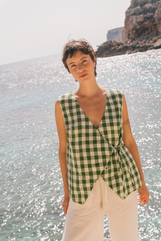 Blanca sleeveless linen wrap top in Green Gingham from AmourLinen