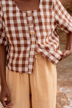 Maeve button linen top in Mocha Gingham from AmourLinen