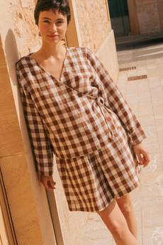 Adele linen wrap top in Mocha Gingham via AmourLinen