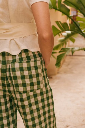 Barbora straight linen pants in Green Gingham from AmourLinen