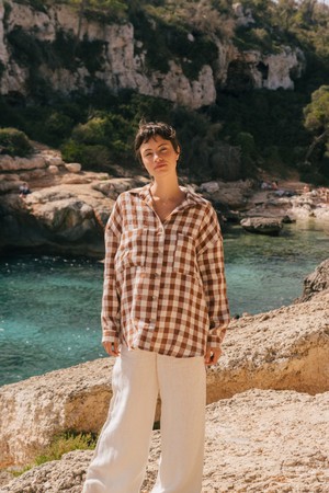 Molly oversized collar linen shirt in Mocha Gingham from AmourLinen