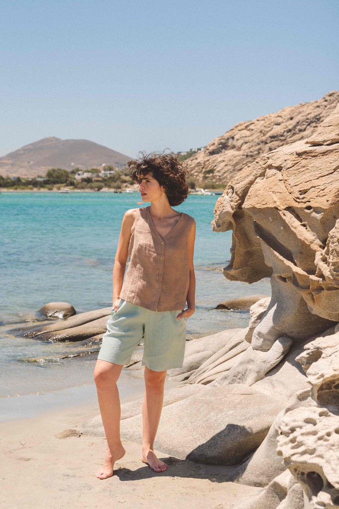 Matilda long linen shorts in Sage Green from AmourLinen
