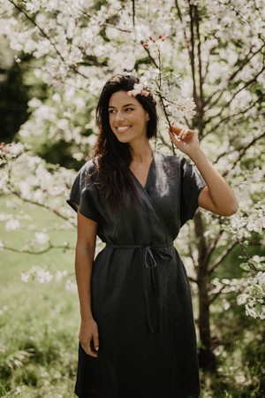 Olivia linen wrap dress in Charcoal from AmourLinen