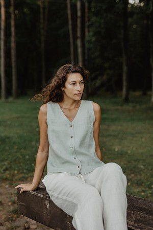 Tunis linen button vest top in Sage Green from AmourLinen