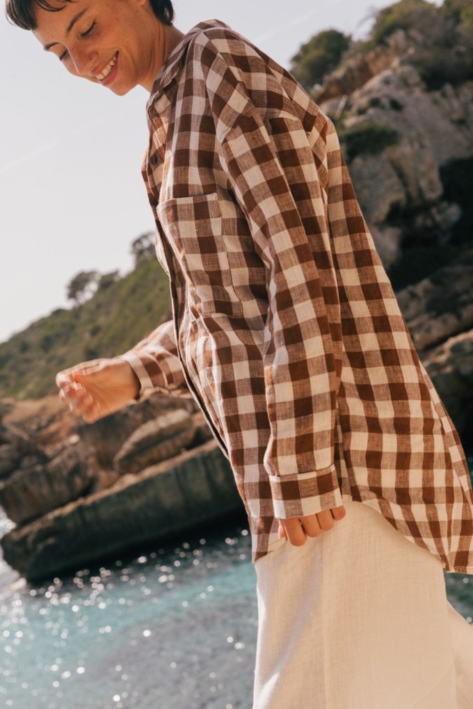 Molly oversized collar linen shirt in Mocha Gingham from AmourLinen