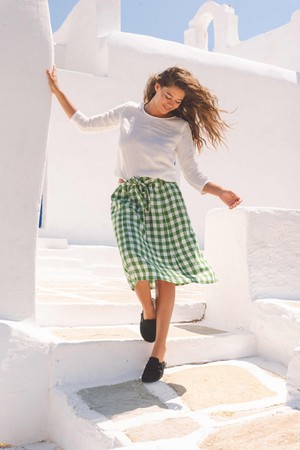 Bergen mid length linen skirt in Green Gingham from AmourLinen