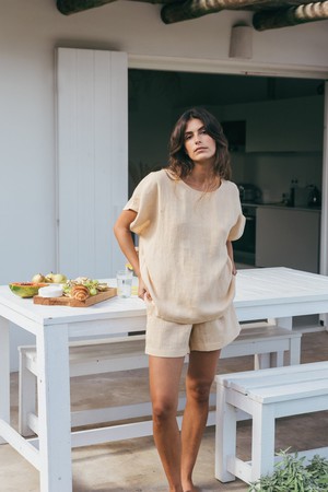 Cloud Nine short sleeve linen pajama set in Mustard from AmourLinen
