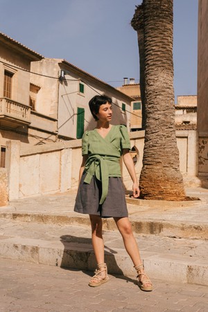 Elisa linen wrap top in Matcha Green from AmourLinen