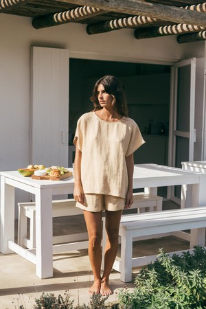 Cloud Nine short sleeve linen pajama set in Mustard from AmourLinen