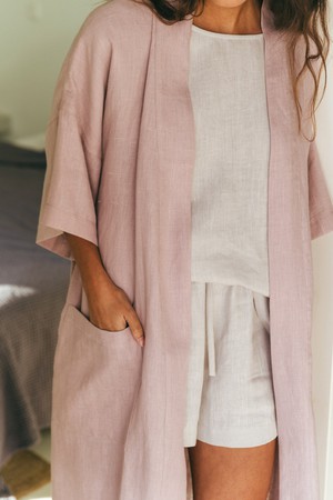 Midnight linen bathrobe in Dusty Rose from AmourLinen
