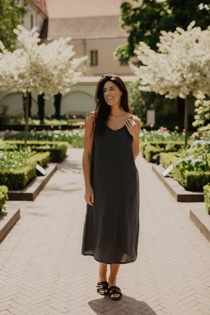 Jakarta long linen dress in Charcoal from AmourLinen