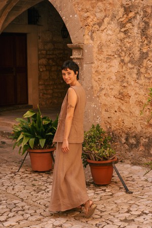 Blanca sleeveless linen wrap top in Rosy Brown from AmourLinen