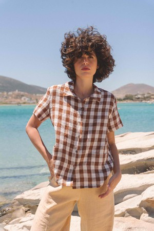 Scarlett short sleeve linen shirt in Mocha Gingham from AmourLinen