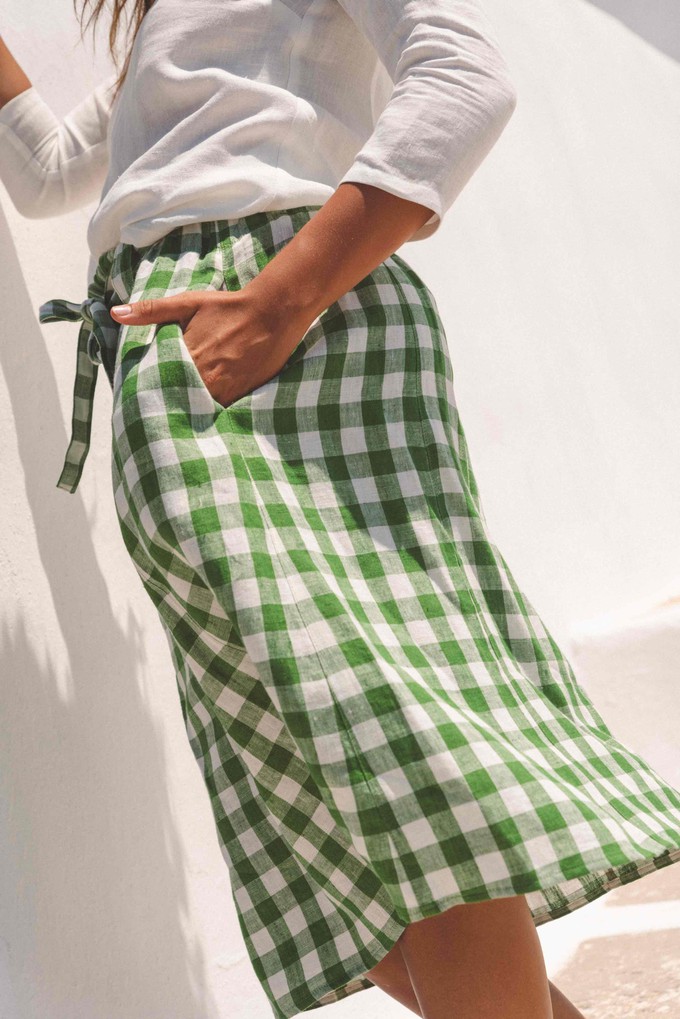 Bergen mid length linen skirt in Green Gingham from AmourLinen