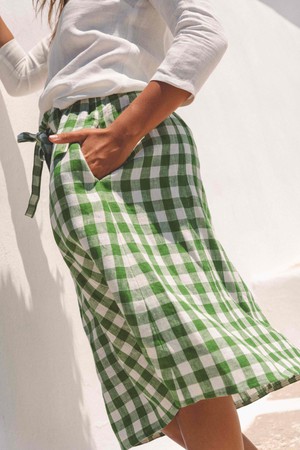 Bergen mid length linen skirt in Green Gingham from AmourLinen