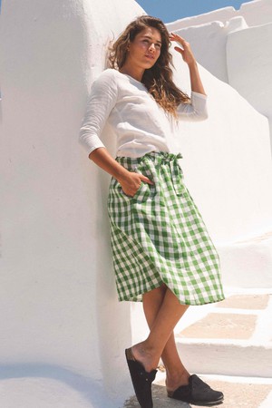 Bergen mid length linen skirt in Green Gingham from AmourLinen