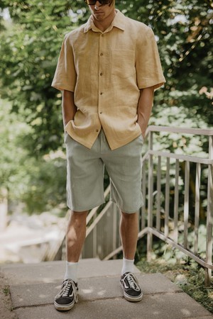 Magnus oversized short sleeve linen shirt in Mustard from AmourLinen