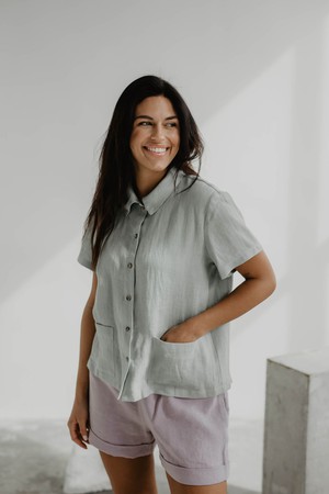 Scarlett short sleeve linen shirt in Sage Green from AmourLinen