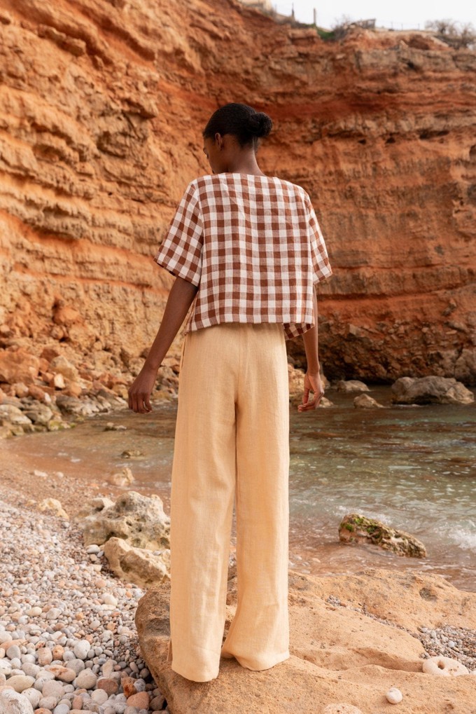 Maeve button linen top in Mocha Gingham from AmourLinen