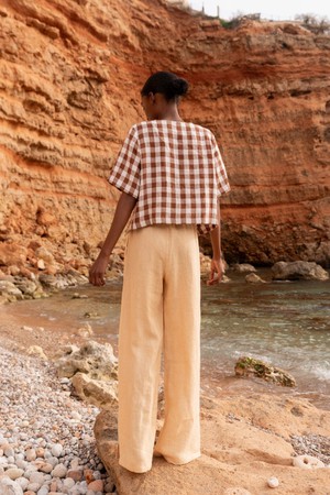 Maeve button linen top in Mocha Gingham from AmourLinen