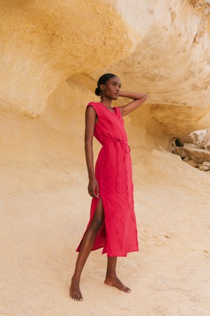 Aurora mid length linen dress in Viva Magenta from AmourLinen
