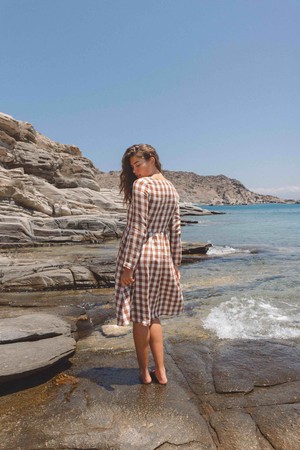 Lapland mid length linen dress in Mocha Gingham from AmourLinen