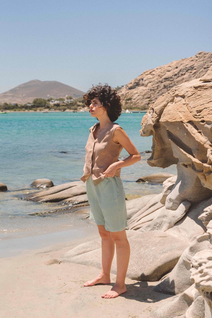 Matilda long linen shorts in Sage Green from AmourLinen